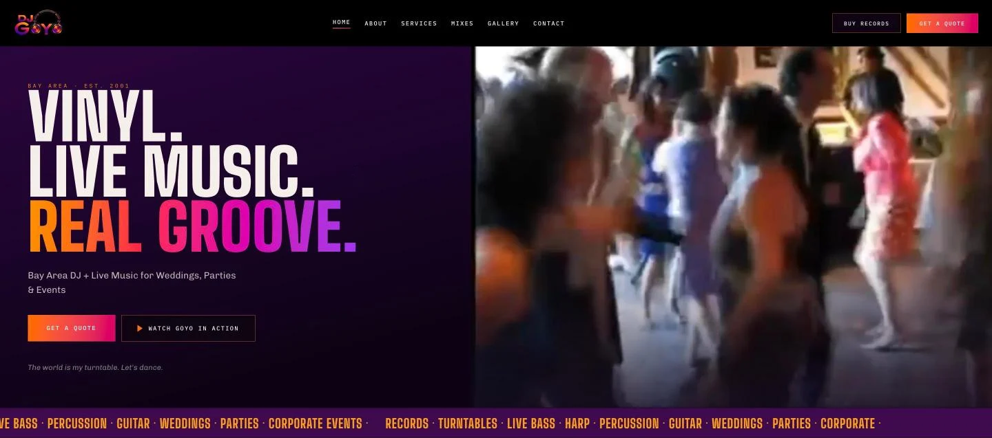 DJ Goyo website: the homepage hero reading Vinyl. Live music. Real groove. beside a dance-floor video