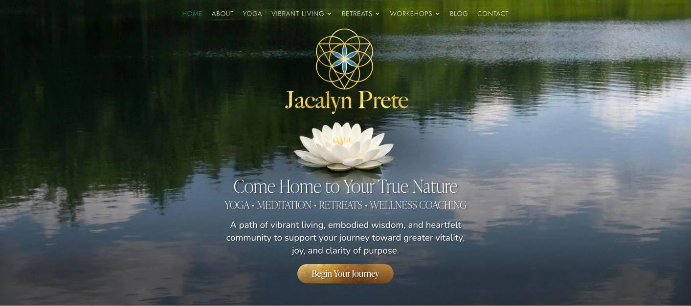 Jacalyn Prete website: a gold sacred-geometry logo and white lotus over a still lake, with the line Come Home to Your True Nature