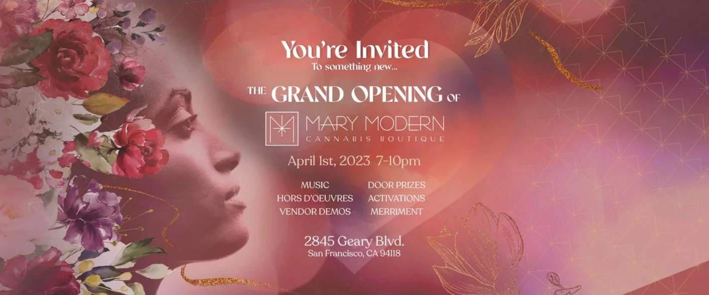 Mary Modern: the grand opening invitation for the cannabis boutique, a floral portrait in rose and gold