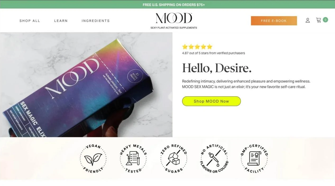 MOOD: the wellness brand website with its iridescent Sex Magic elixir box and the headline Hello, Desire.