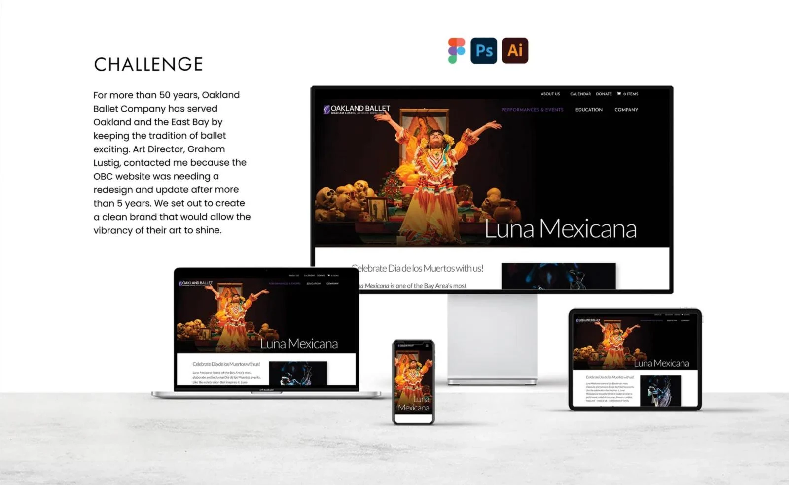 The Oakland Ballet: the redesigned website shown on desktop, laptop, tablet and phone